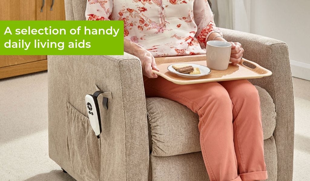 woman sitting in a chair with a lap tray
