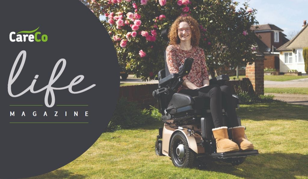 Hannah Deakin in her powerchair on a front lawn - CareCo Life banner