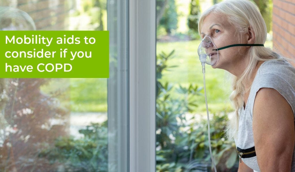 Woman with oxygen mask using walker looking outside