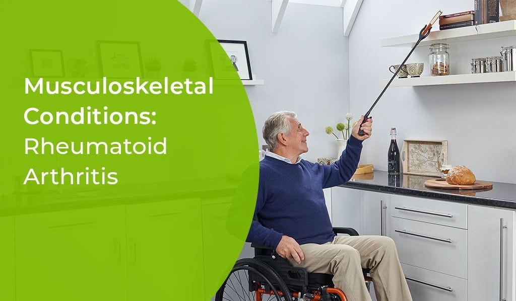 man in wheelchair using a handy grabber to get something off a shelf