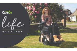 Hannah Deakin in her powerchair on a front lawn - CareCo Life banner