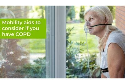 Woman with oxygen mask using walker looking outside