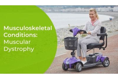 Muscular Dystrophy blog header - woman riding a mobility scooter by the coast