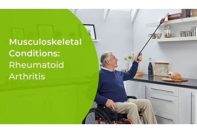 man in wheelchair using a handy grabber to get something off a shelf