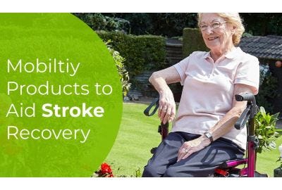elderly lady sitting in a rollator - Stroke article