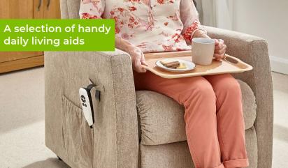 woman sitting in a chair with a lap tray