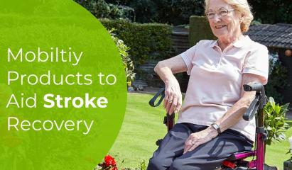 elderly lady sitting in a rollator - Stroke article