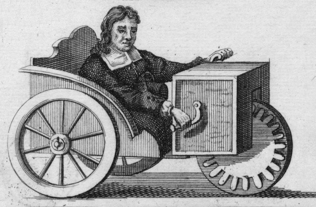 Engraving 1730 showing Stephan Fafler in his wheelchair