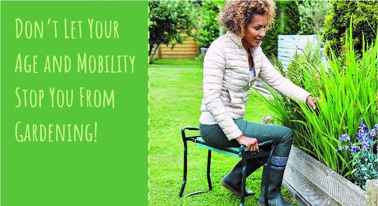 woman sitting on a folding bench and doing some gardening