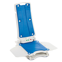 Bath lift with blue seat and back padded covers