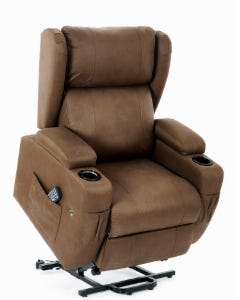 a brown leather heated riser recliner chair