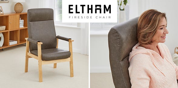 Eltham chair with close up of woman sitting in it 